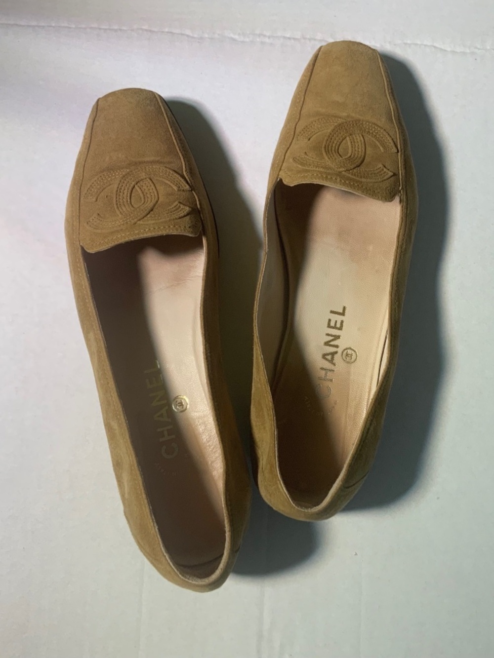 CHANEL LOGO SUEDE LOAFERS